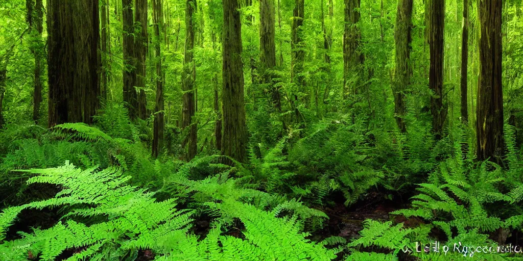 Image similar to a beautiful fern forest with a creek and redwoods and dappled light