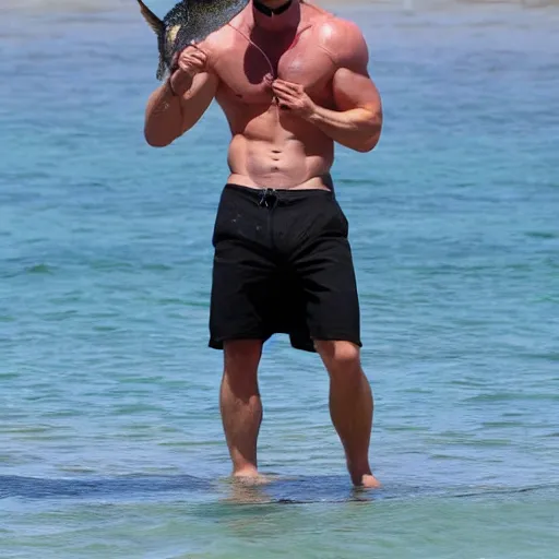 Prompt: photograph of shirtless Chris Hemsworth holding a big fish, hot, wearing sunglasses