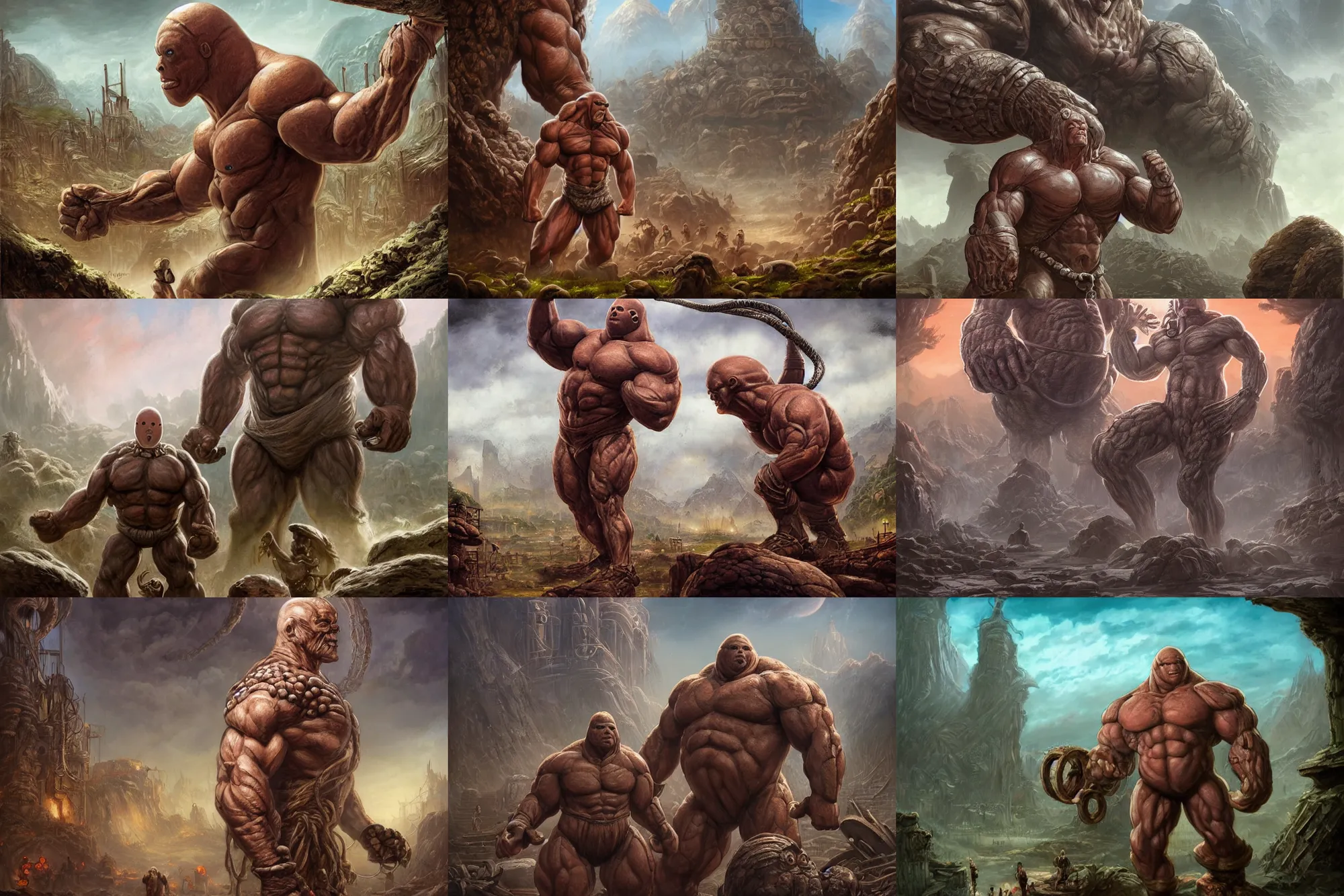Prompt: highly detailed elden ring portrait photo of a huge muscular humanoid diglett prometheus engineer in a scenic dystopian village of even even more digletts in the background, hyperrealistic illustration by william didier - pouget