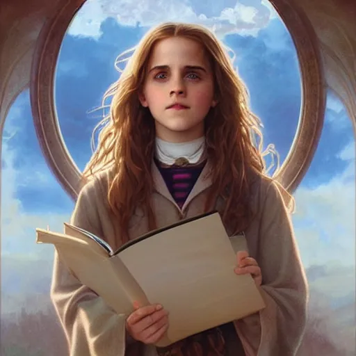 Image similar to painting. [ young ] emma watson as hermione granger 2 0 0 4. prisoner of azkaban. cheerful. happy. art by artgerm and greg rutkowski and alphonse mucha. during golden hour. extremely detailed. beautiful. 4 k. award winning.