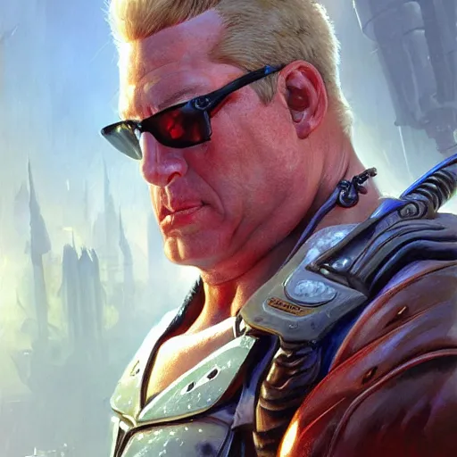 Prompt: duke nukem, patrick woodroffe, greg rutkowski, painted by stanley, artgerm, masterpiece, action game style, digital art, trending on arts