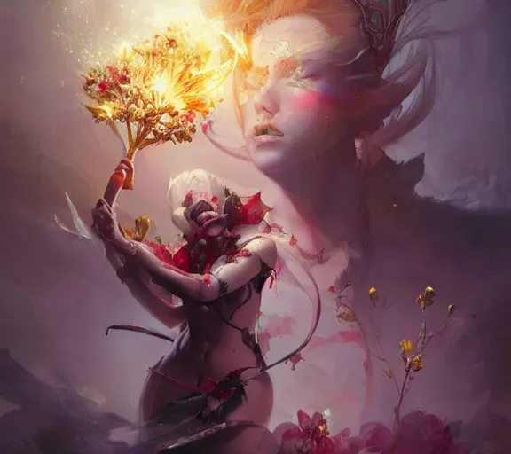 Prompt: beautiful girl necromancer covered with crystals exploding blood, 3 d render, hyper realistic detailed portrait, holding magic flowers, ruan jia, wlop. scifi, fantasy, hyper detailed, octane render, concept art, peter mohrbacher