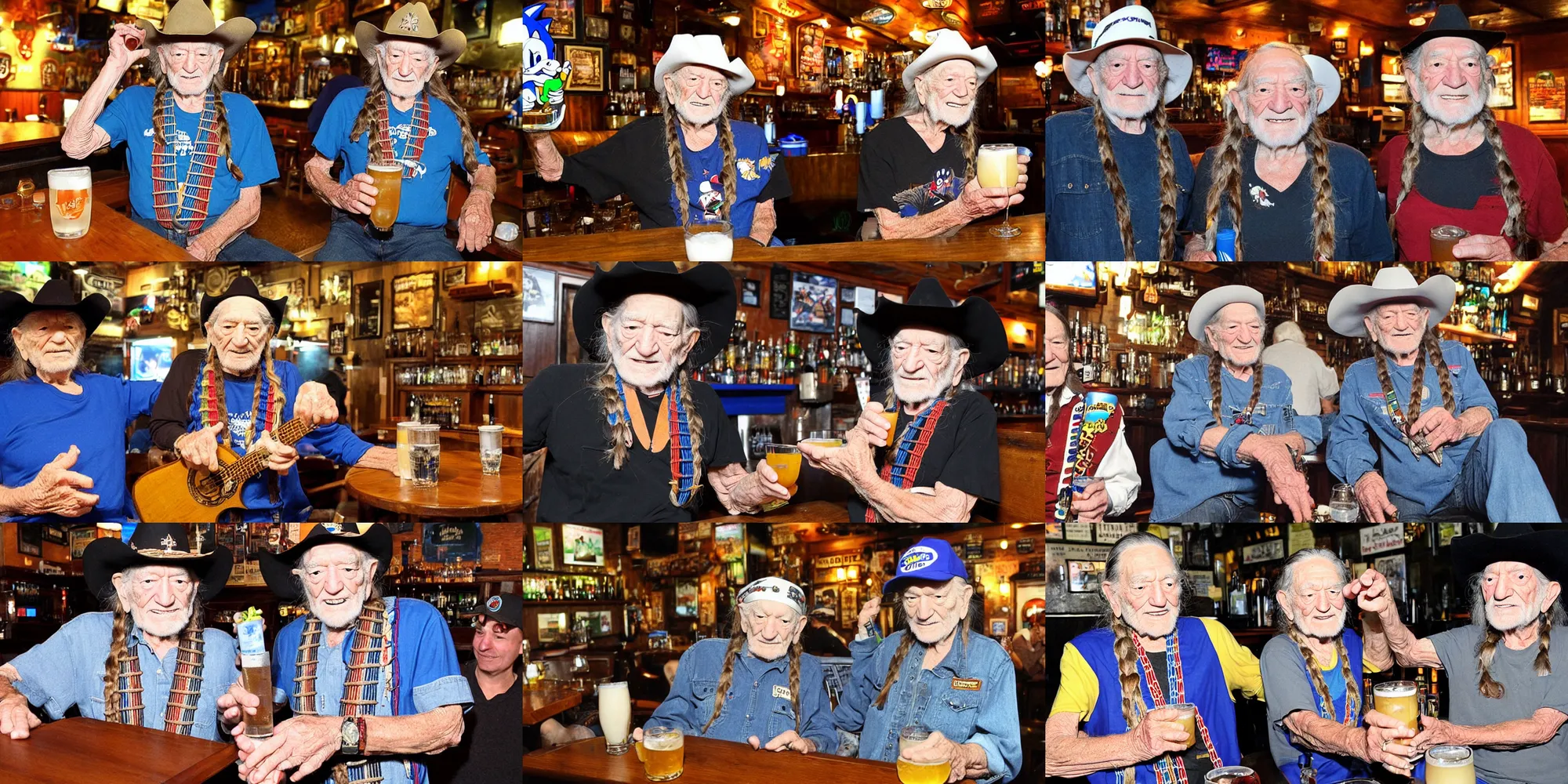 Prompt: willie nelson has a drink at a pub with sonic the hedgehog