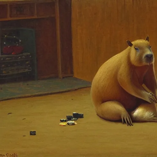 Prompt: a capybara playing video games, oil painting, by randolph caldecott