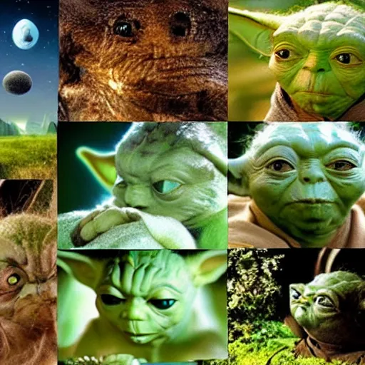 Image similar to a civilization of members of Yoda's species interacting with eachother on their home planet, award winning nature photographs