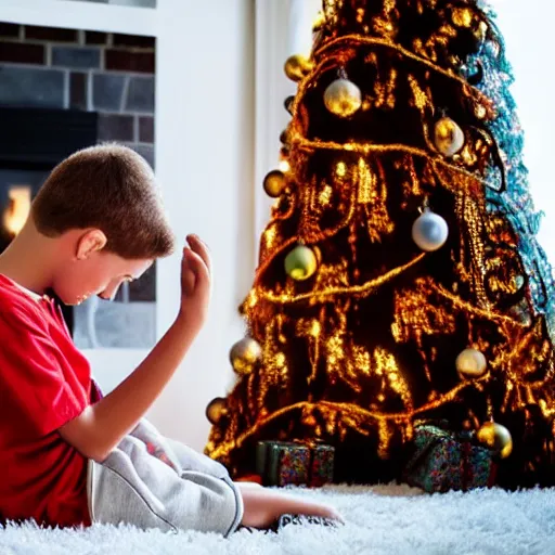 Image similar to a kid at christmas disappointed and sad that his present was a giant moai statue, his hands buried in his face, sitting down. | inside of a house next to a christmas tree, large present in the back