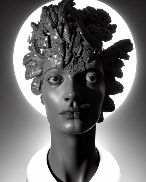 Prompt: surreal mythical dreamy black and white fine art photo of a monumental sculpture bust of a female cyborg - bird - orchid with a big brain, rim light, cinematic, studio dramatic light, poetic, octane render, 8 k, photo - realistic