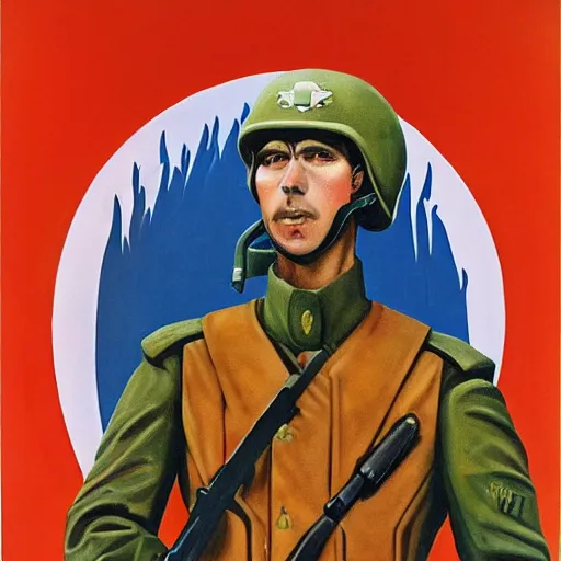 Image similar to a detailed and complex, highly detailed, concept art, soviet propaganda poster depicting a dromaius in military uniform. painting by irakli toidze,