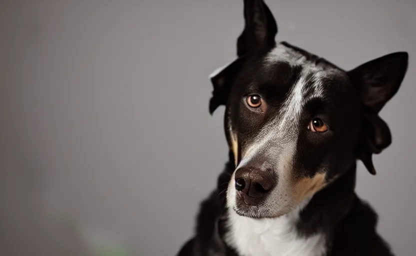 Prompt: studio photography portrait of a dog, movie still, beautiful lighting, 8 k