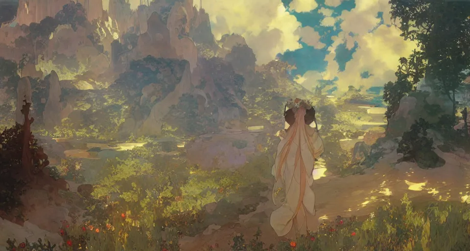 Image similar to A beautiful landscape painting of utopian future by Alfons Maria Mucha and Yoshitaka Amano and Makoto Shinkai