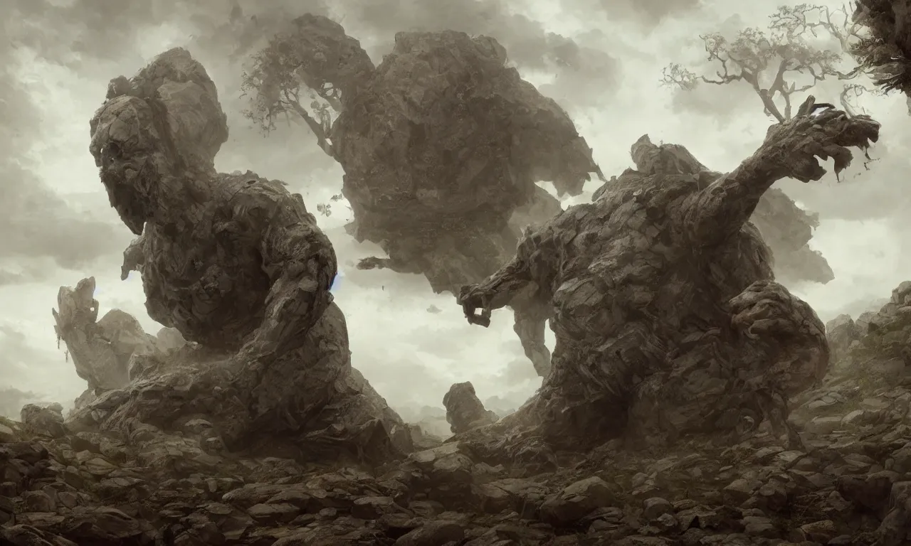 Image similar to angry stone giant. tooth wu, edward gorey, greg rutkowski, andreas achenbach, artgerm, mikko lagerstedt, zack snyder, tokujin yoshioka