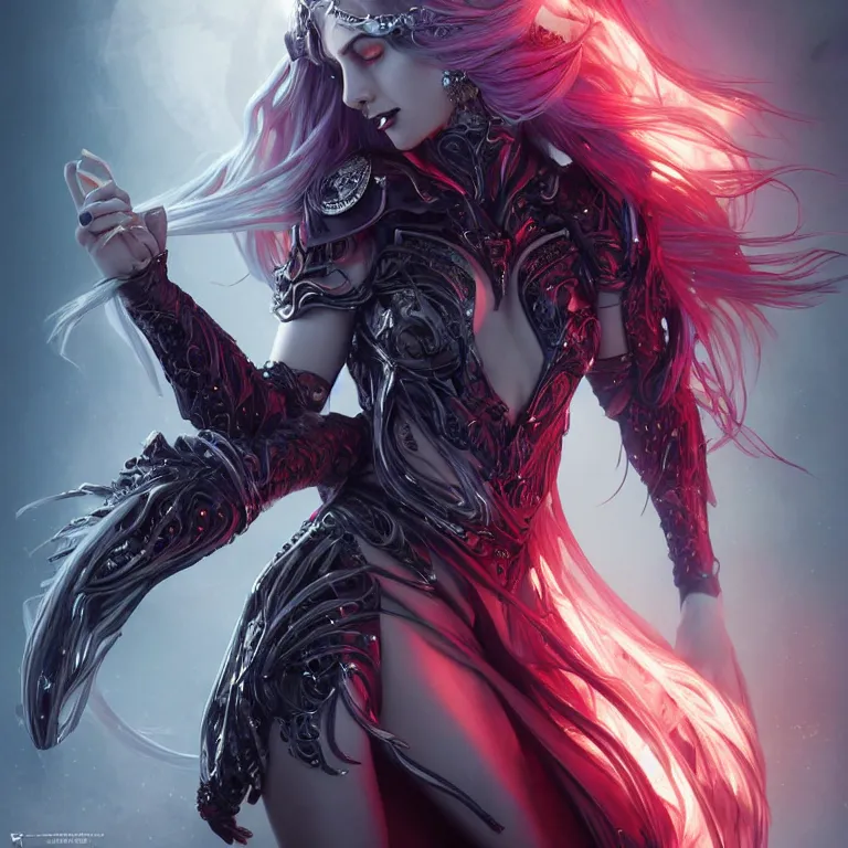 Image similar to beautiful cinematic fantasy poster, beautiful female cyborg vampire wearing a jeweled silver crown with brilliant silver flowing hair, beautiful red glowing eyes, wideshot ultrawide angle epic scale, hybrid from The Elden Ring and art direction by Darius Zawadzki ;by artgerm; wayne reynolds art station; cinematic quality character render; low angle; ultra high quality model; production quality cinema model;