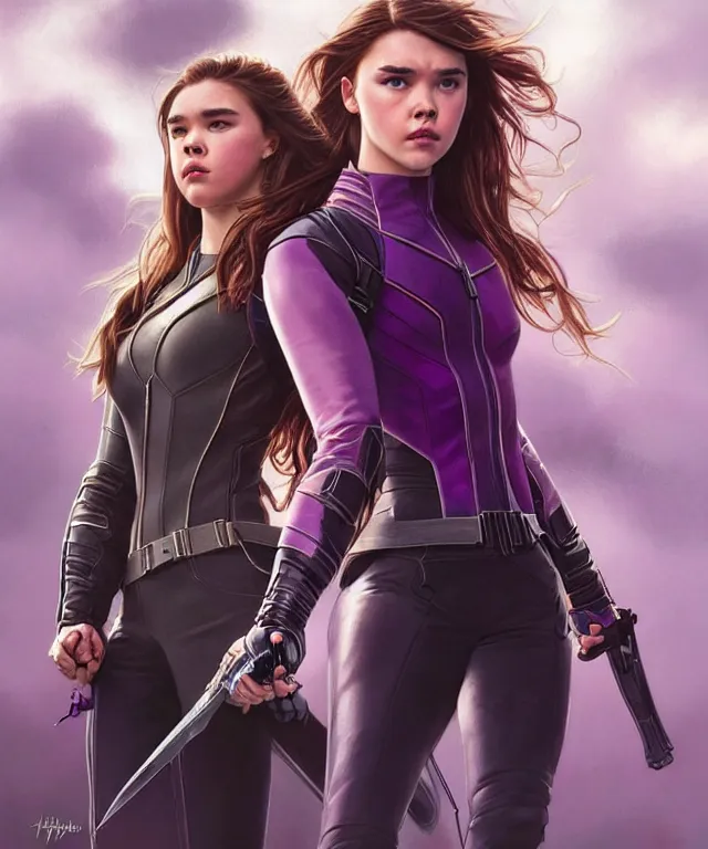 Prompt: Hailee Steinfeld as Kate Bishop and Florence Pugh as Yelena Belova, Marvel, Hawkeye, Black Widow, blush, intricate, face, elegant, purple mist, highly detailed, digital painting, artstation, concept art, matte, sharp focus, illustration, art by Artgerm and Greg Rutkowski and Alphonse Mucha