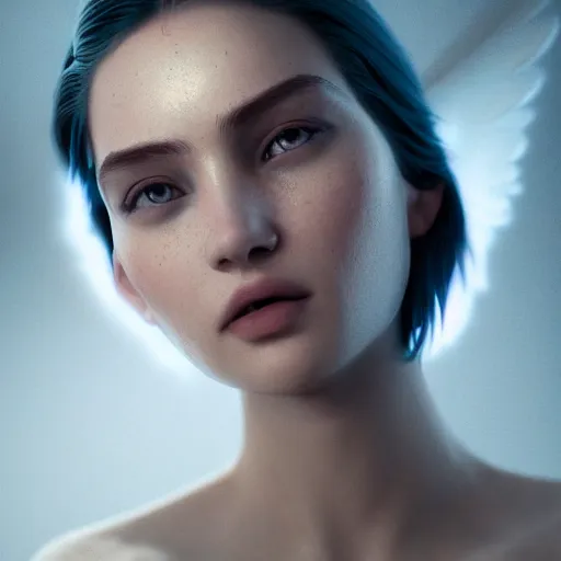 Image similar to portrait art of female angel, art by alessio albi 8 k ultra realistic, angel wings, lens flare, atmosphere, glow, detailed, intricate, full of colour, led lighting, trending on artstation, 4 k, hyperrealistic, focused, extreme details, unreal engine 5, masterpiece