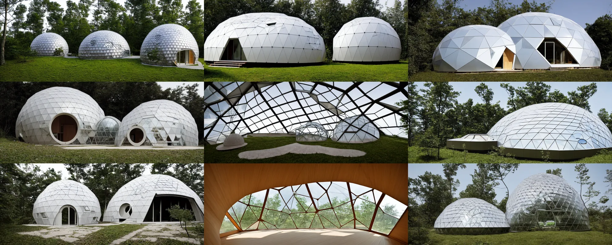 Prompt: dome house, by shoji sadao, parametric, maths, optimus sun orientation in north hemisphere, geodesic, biodome, domespace, passive house