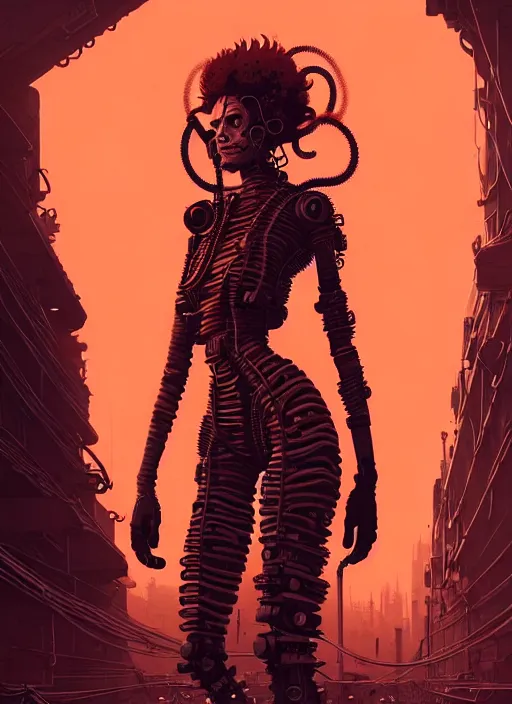 Image similar to highly detailed portrait of wasteland punk long curly fire hair tribal lady, stray wiring by atey ghailan, james gilleard, by joe fenton, by greg rutkowski, by greg tocchini, by kaethe butcher, 4 k resolution, gradient red, orange, black and white color scheme!!! ( ( flaming robotic dystopian city spiral background ) )