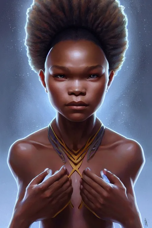 Image similar to symmetry!! intense fanart of 3 / 4 front pose of storm reid as nuha, protagonist, intricate, elegant, highly detailed, my rendition, digital painting, artstation, concept art, perfect, smooth, sharp focus, illustration, art by artgerm and greg rutkowski and alphonse mucha