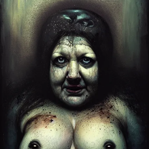 Image similar to portrait of the face of big fat old sumoringer as despair from sandman, venus of willendorf, by jeremy mann, by gregory crewdson, by bastien lecouffe deharme, by russ mills, sad face, topknot, black hair, mourning, black eyes, white room, soft lightning, high detailed, 8 k