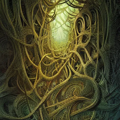 Prompt: an intricate and detailled illustration close - up of intricate fractal mandelbulb made of smoke and vines, lot of eyes, rendered in cinema 4 d, by esao andrews and karol bak and zdzislaw beksinski and zdzisław beksinski, trending on art station