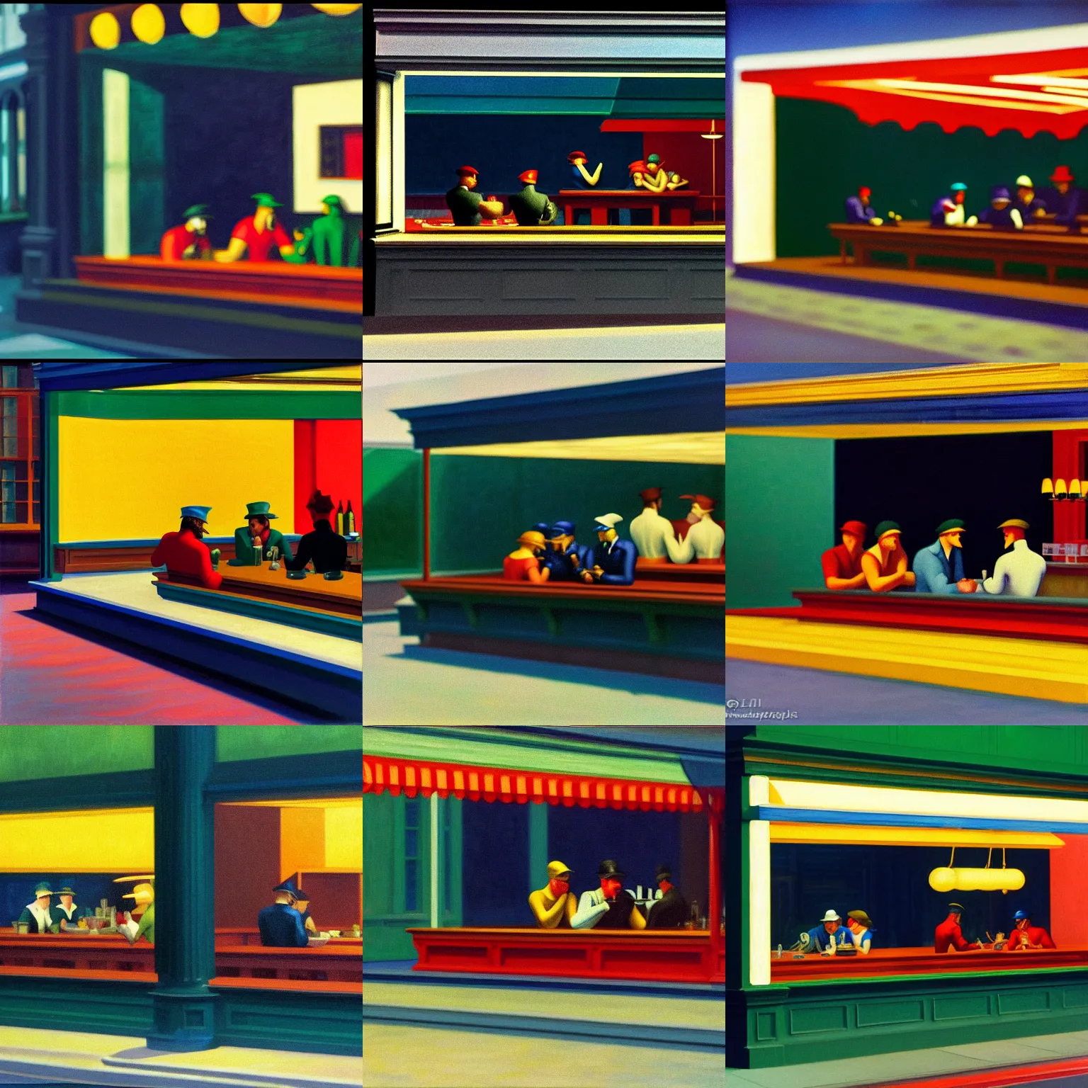 Prompt: A photograph recreating 'Nighthawks' by Edward Hopper, kodak gold 200, 200mm lens, film grain, soft shadows, shallow focus, refraction caustics, halation, chromatic aberration, bokeh, lens flare