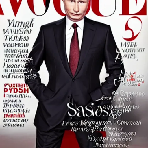 Prompt: Vladmir putin with his new red hair posind to Vogue magazine cover photo