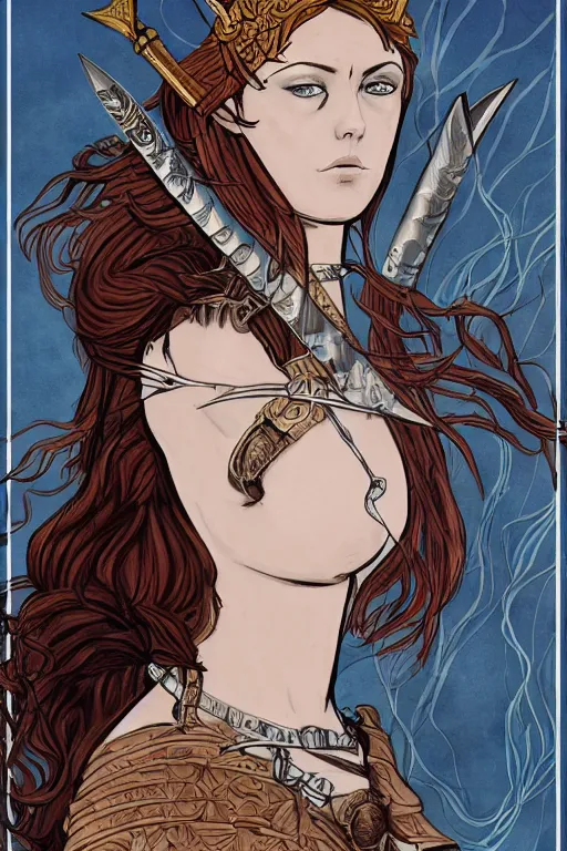 Prompt: boudica the barbarian queen, in a mixed style of Botticelli and Æon Flux, inspired by pre-raphaelite paintings and shoujo manga, a battlefield in the background, hyper detailed, stunning inking lines, stunning gradient colors, 4K photorealistic