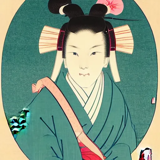 Image similar to beautiful portrait ukiyo - e painting of hatsune miku, by kano hideyori, kano tan'yu, kaigetsudo ando, miyagawa choshun, okumura masanobu, kitagawa utamaro