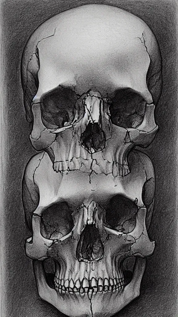 Prompt: Leonardo da Vinci pencil sketch of the human skull, Body horror, Biopunk, Creepy