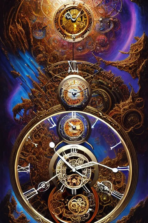 Prompt: intricate eternal portal chronograph gyro tourbillon clocks james gurney, dan luvisi, Petros Afshar, tim hildebrandt, liam wong, Mark Riddick, thomas kinkade, ernst haeckel, dan mumford, trending on artstation, josephine wall, WLOP, cgsociety by Gediminas Pranckevicius, trending on cgsociety and DeviantArt