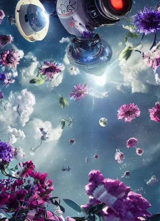 Image similar to An epic fantastic realism comic book style painting of the most beautiful flowers launched into space, perfect shiny silver iridescent spheres, bouquets, fisheye lens, unreal 5, DAZ, hyperrealistic, octane render, dynamic lighting