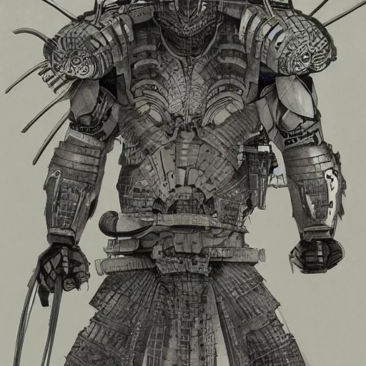 Image similar to japanese futuristic warrior with many scars, high detail, hyperdetailed, hard ink, no pencils, drawing