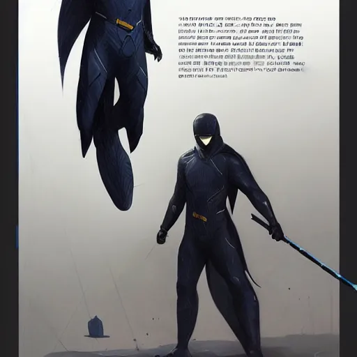 Image similar to a hero named rope man, his suit is black and blue and he has a bat like wing suit under it, mystic, concept art, artstation, greg rutkowski, reference sheet