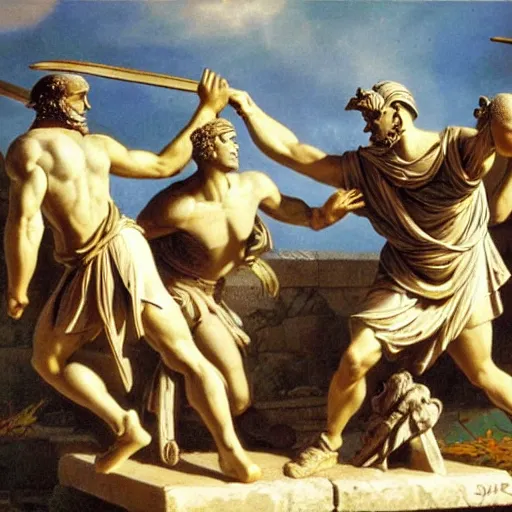 Prompt: ducks!!!! fighting!! against greek warriors, ancient greek statue, epic, detailled