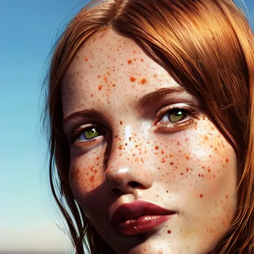 Image similar to portrait of a cute thin young woman, bronze brown hair, eye color is emerald green, red blush, cute freckles, smug smile, modern clothes, relaxing on the beach, golden hour, close up shot, 8 k, art by irakli nadar, hyperrealism, hyperdetailed, ultra realistic