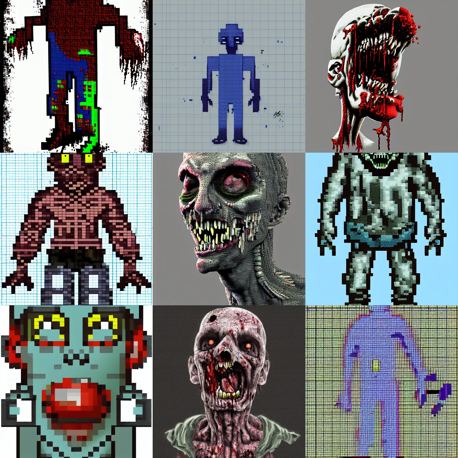 Prompt: a zombie, blueprint, pixel art, very detailed, hi res, white background