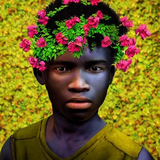 Prompt: colourful vfx art - portrait of nigerian boy wrapped in flowers & vines, art by frank frazetta & tadanori yokoo, volumetric light, ray tracing, unreal engine, octane render, sharp, detailed, digital painting, illustration, highly detailed, intricate detail, pinterest, behance, art station,