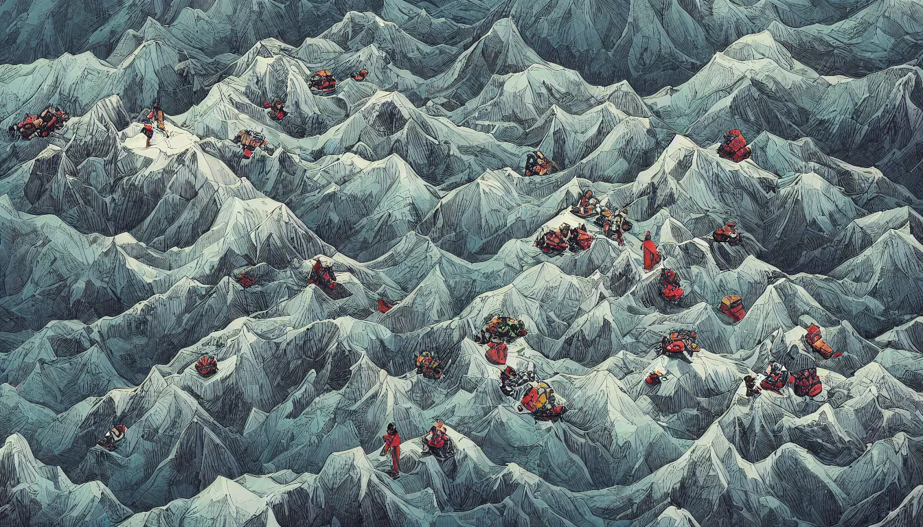 Prompt: backpackers on a mountain, view from above, kilian eng, minimalist