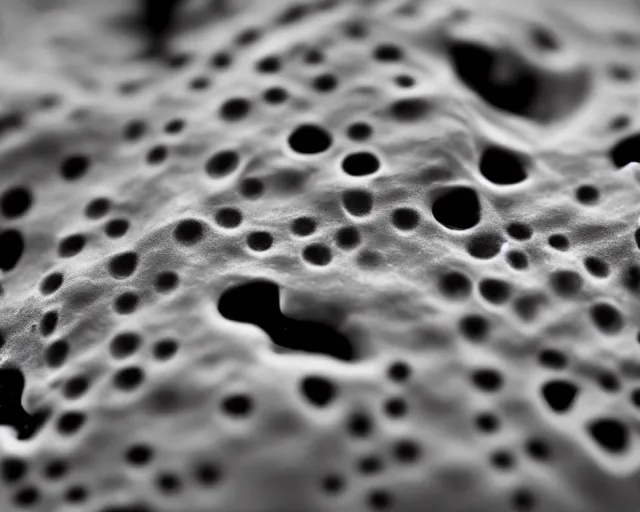 Prompt: An extreme close up photograph of a skull, dents, holes, macro photography, dof