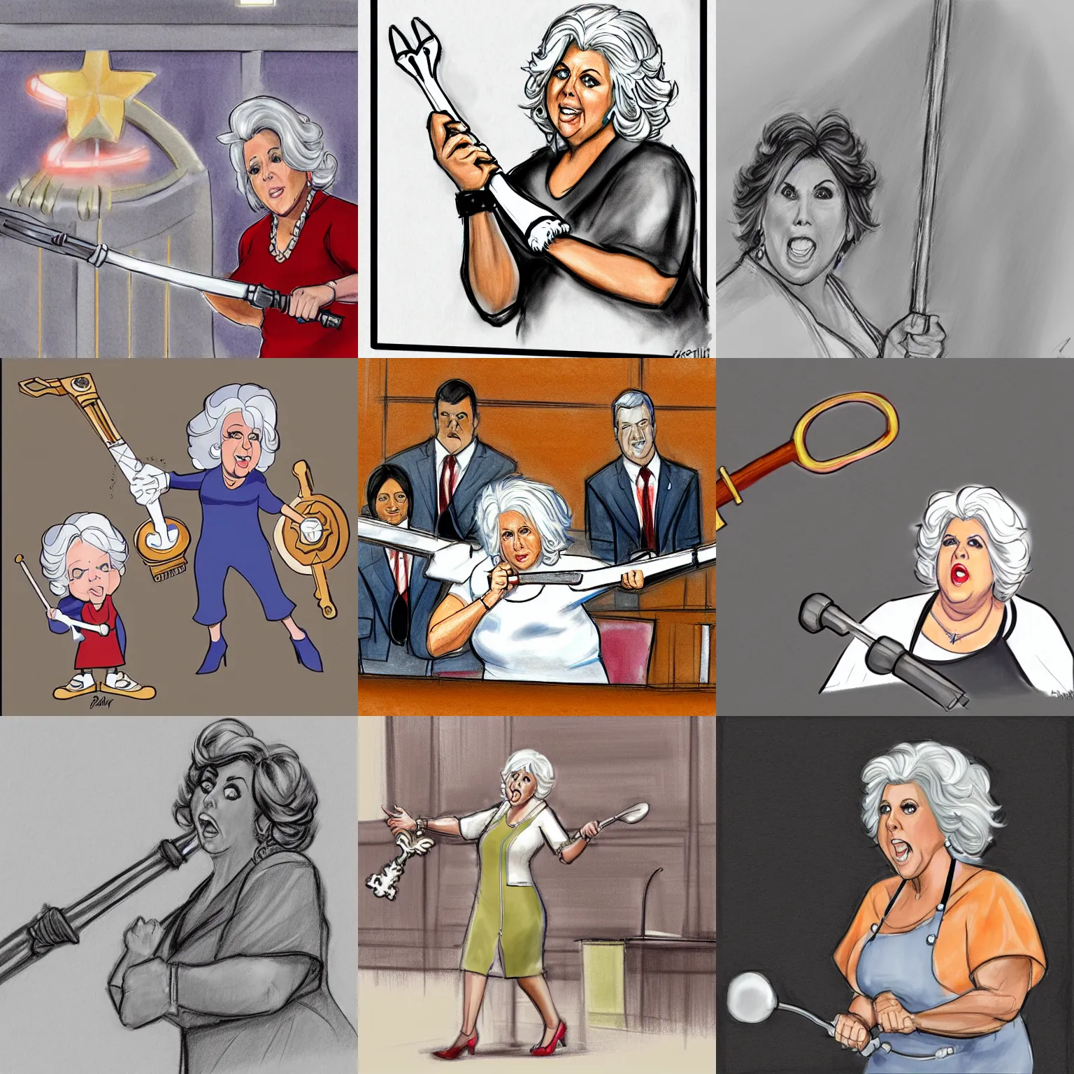 Prompt: Paula Deen swinging a keyblade, court room sketch, dramatic