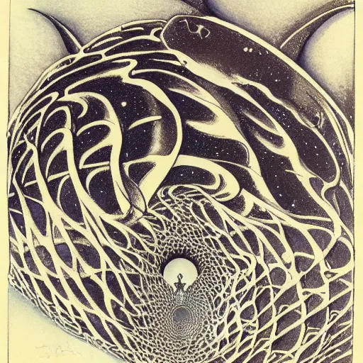 Image similar to cat as a fractal distortion, lithograph, watercolors, ink, M.C. Escher, moebius