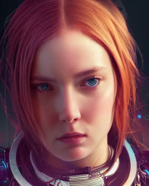 Image similar to a portrait of a beautiful 28th century cyberpunk female very young with long hair, largely biomechanical, hyper-realistic, very detailed unreal engine, by Artgerm, WLOP and Ross Thran, dramatic cinematic lighting rendered by octane, 8k, detailed, trending on artstation, deviantart, google images, pinterest