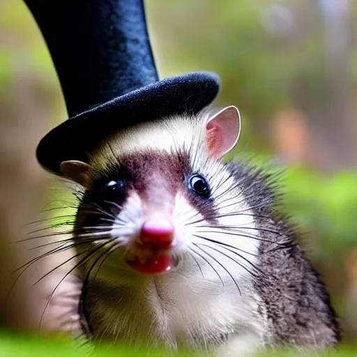 Image similar to candid photo of a cute opossum wearing a lil top hat