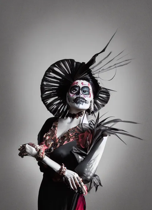 Prompt: a Photorealistic dramatic hyper realistic render of a glamorous Mexican Catrina, smoke by Ken Brower and Deborah Ory, Lois Greenfield, Beautiful dynamic dramatic dark moody lighting, volumetric, shadows, cinematic atmosphere, Octane render, 8K