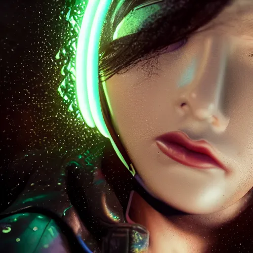 Image similar to stylish woman cartoon portrait made out of rain, leather jacket, cyberpunk background, rendered in octane, unreal engine, highly detailed, trending on artstation, realistic, neon, beautiful