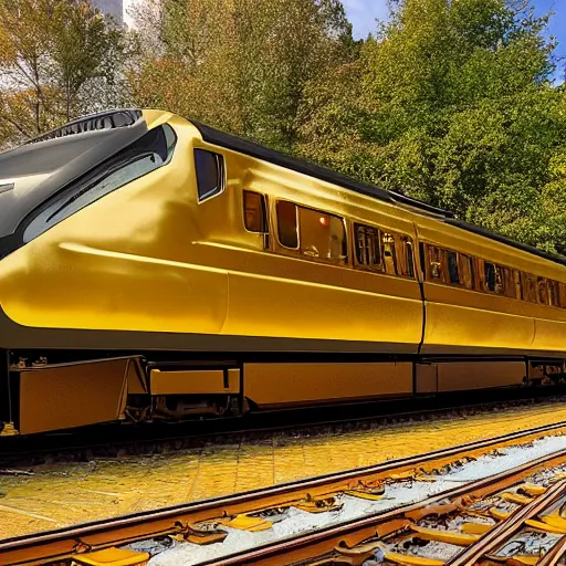 Prompt: A golden coated train stopped at trainstation, photograph, 2022