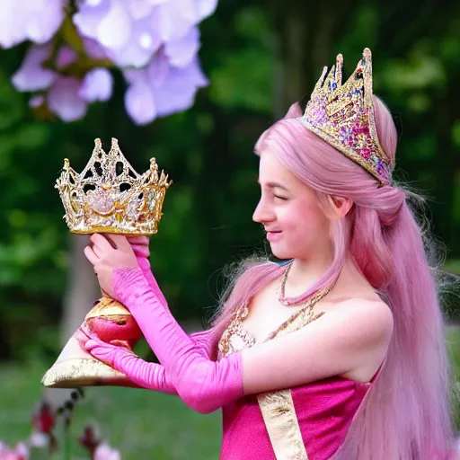 Image similar to young girl crowned princess peach from mario of the roman empire