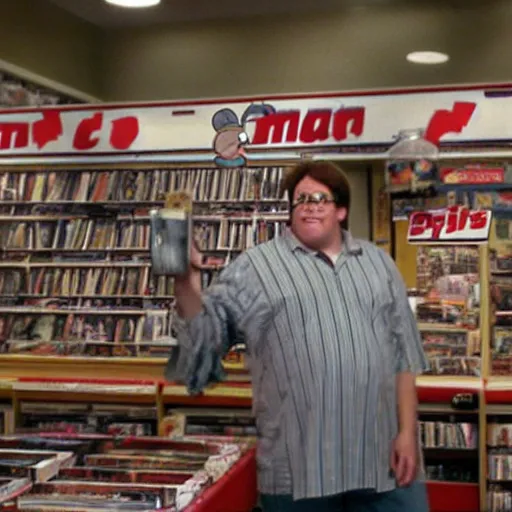 Image similar to realistic peter griffin standing in a video store in 2 0 0 2.