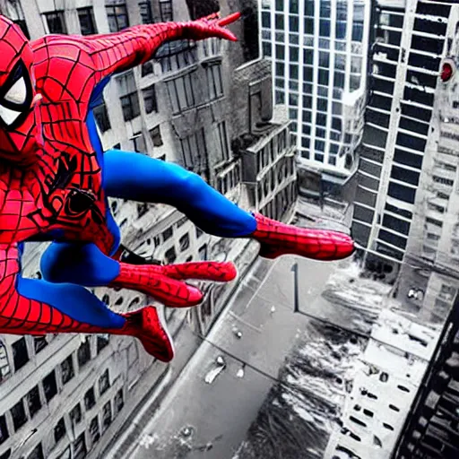 Image similar to spider - man falling from a building the background is the city of new york great photograph