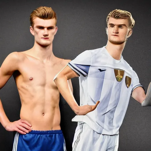 Image similar to a realistic detailed photo of a guy who is an attractive humanoid who is half robot and half humanoid, who is a male android, soccer players martin ødegaard & timo werner, shiny skin, posing like a statue, blank stare, in a living room, on display, showing off his muscles, gold soccer shorts, side view, repairing the other one