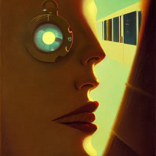 Image similar to detailed face of a woman, clockwork woman, moment, tectonic sky, skydome, bullet train, turbines, tech noir, wet reflections, prism, atmospheric, ambient, pj crook, syd mead, livia prima, greg rutkowski, edward hopper